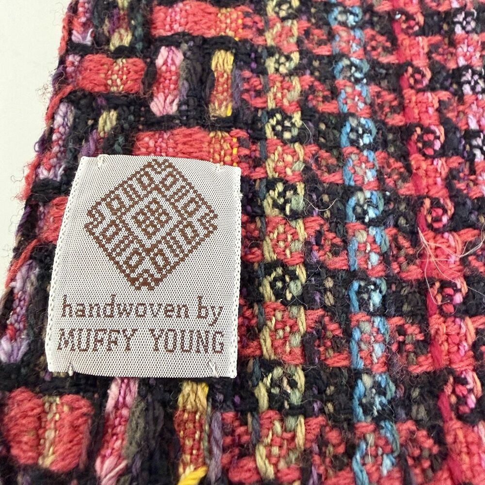 Muffy Young  Handwoven Handweaving Scarf in Black And Bright Colors Preowned - Picture 3 of 10